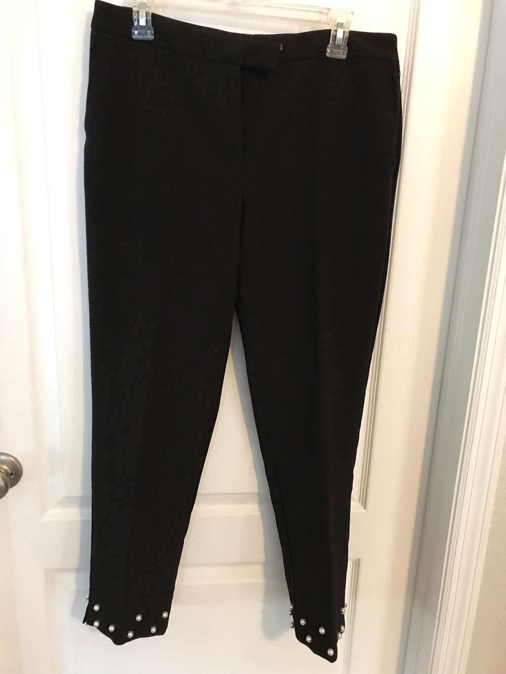Women's Straight Leg Pants with Pearl Trim - Black, Sz 10